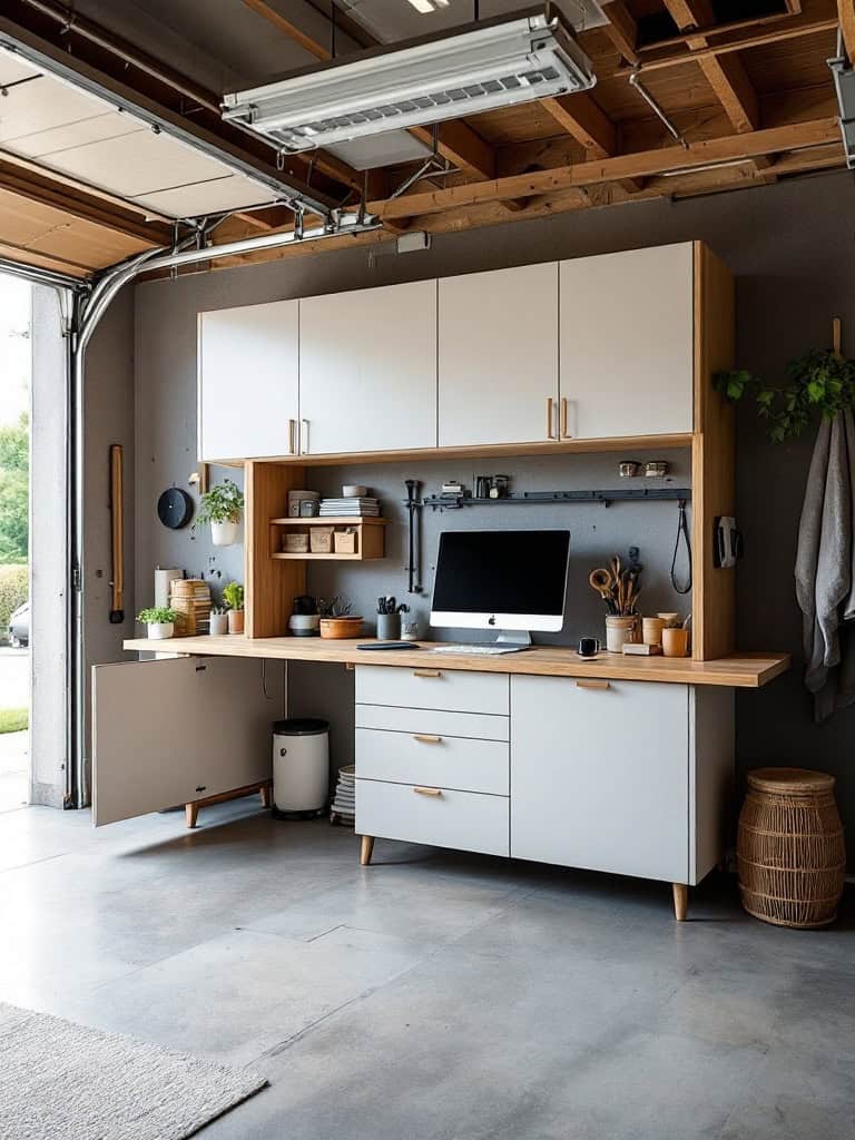 A modern garage workspace featuring a desk with storage, computer, and organized tools.