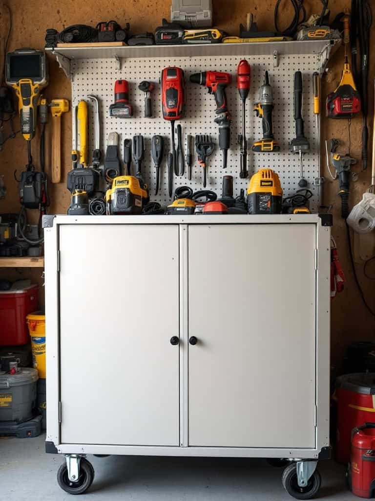 A well-organized garage with a mobile power tool storage cabinet and pegboard for hanging tools.