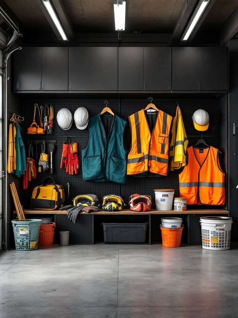 Organized safety gear storage with vests, helmets, and tools on a pegboard.