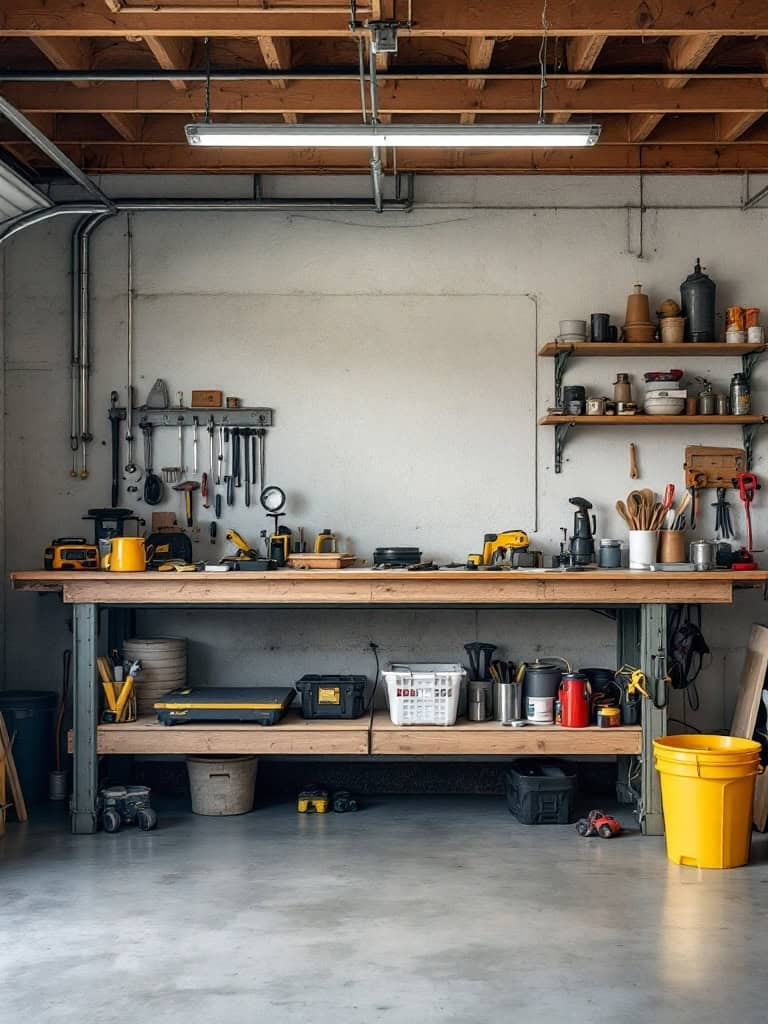 A well-organized garage workbench with tools and storage.