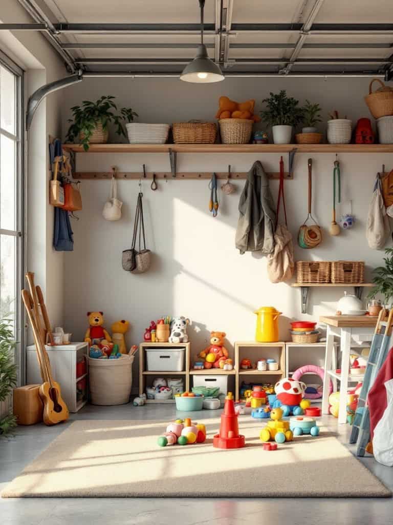 A well-organized child's play area in a garage, featuring toys, storage bins, and a cozy rug.
