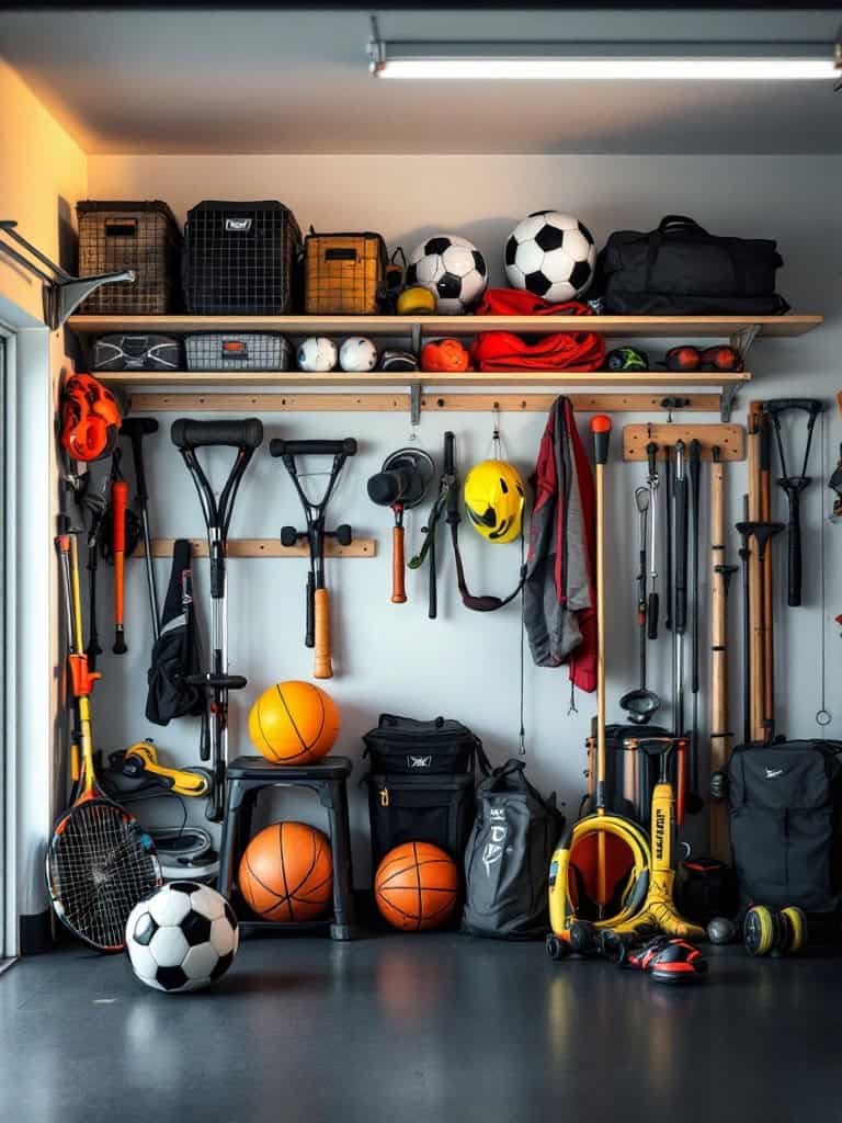Neatly organized sports equipment in a garage with shelves and bins.