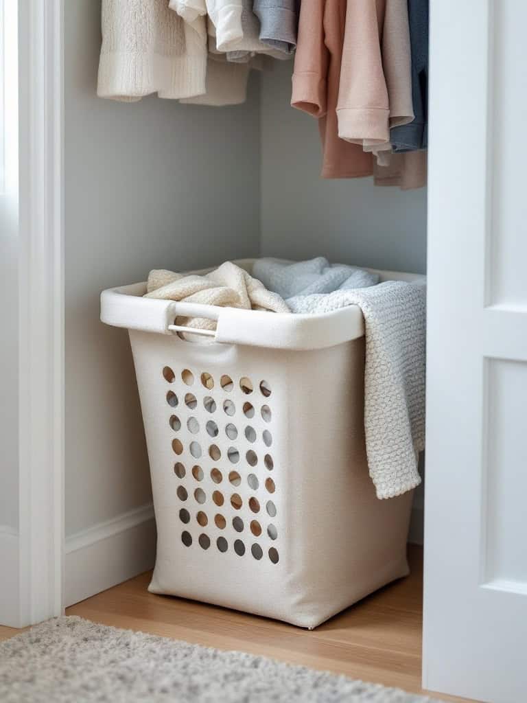 A neatly organized laundry closet with a folding laundry basket filled with clothes.