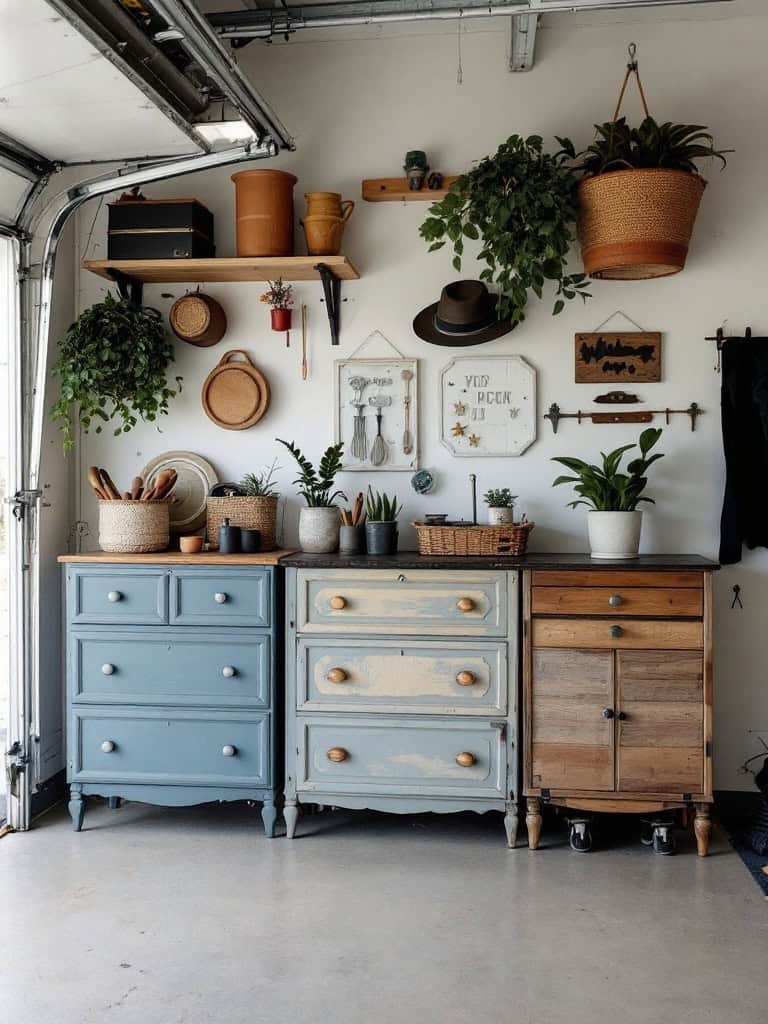 A well-organized garage featuring repurposed furniture for storage.