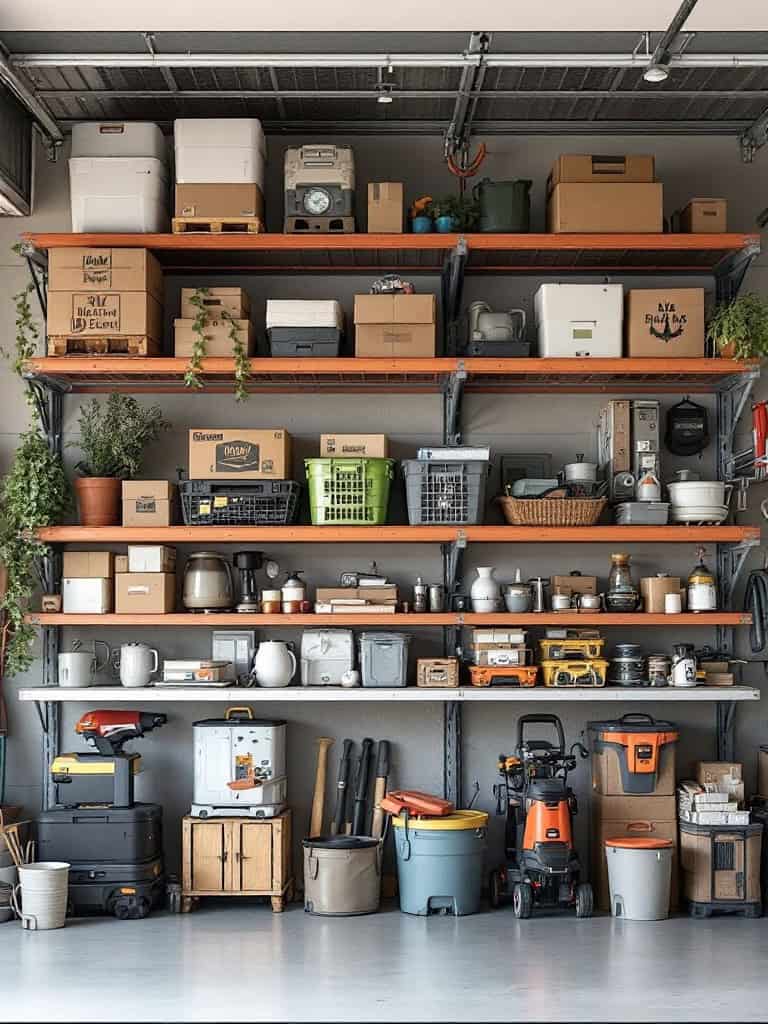 A well-organized garage with overhead storage racks filled with boxes, tools, and plants.
