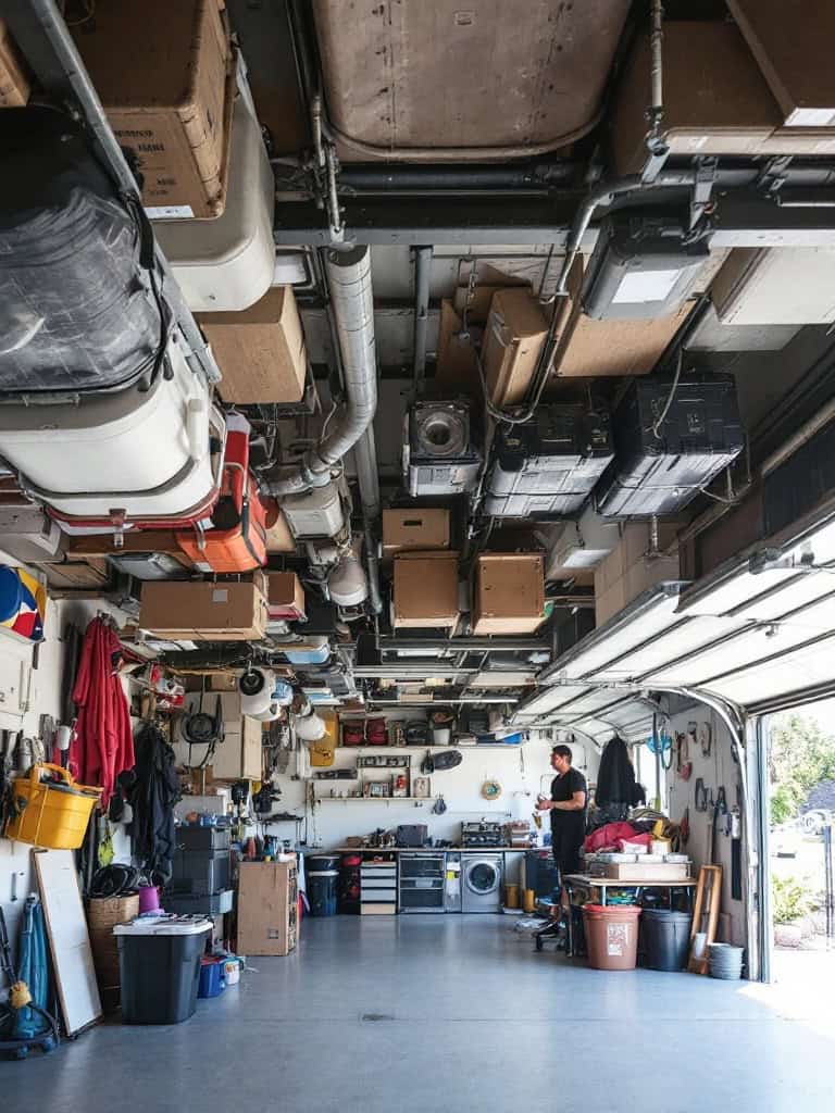 A well-organized garage with items stored on the ceiling and walls, maximizing space.