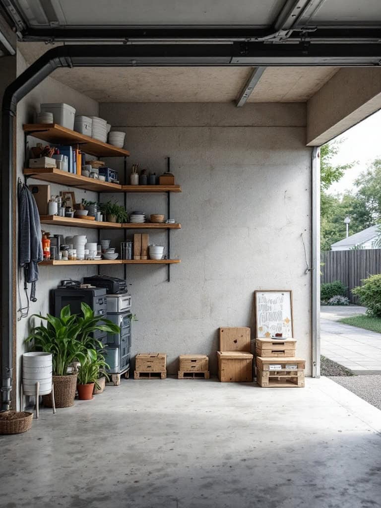 A well-organized garage corner showing shelves with storage bins and plants.
