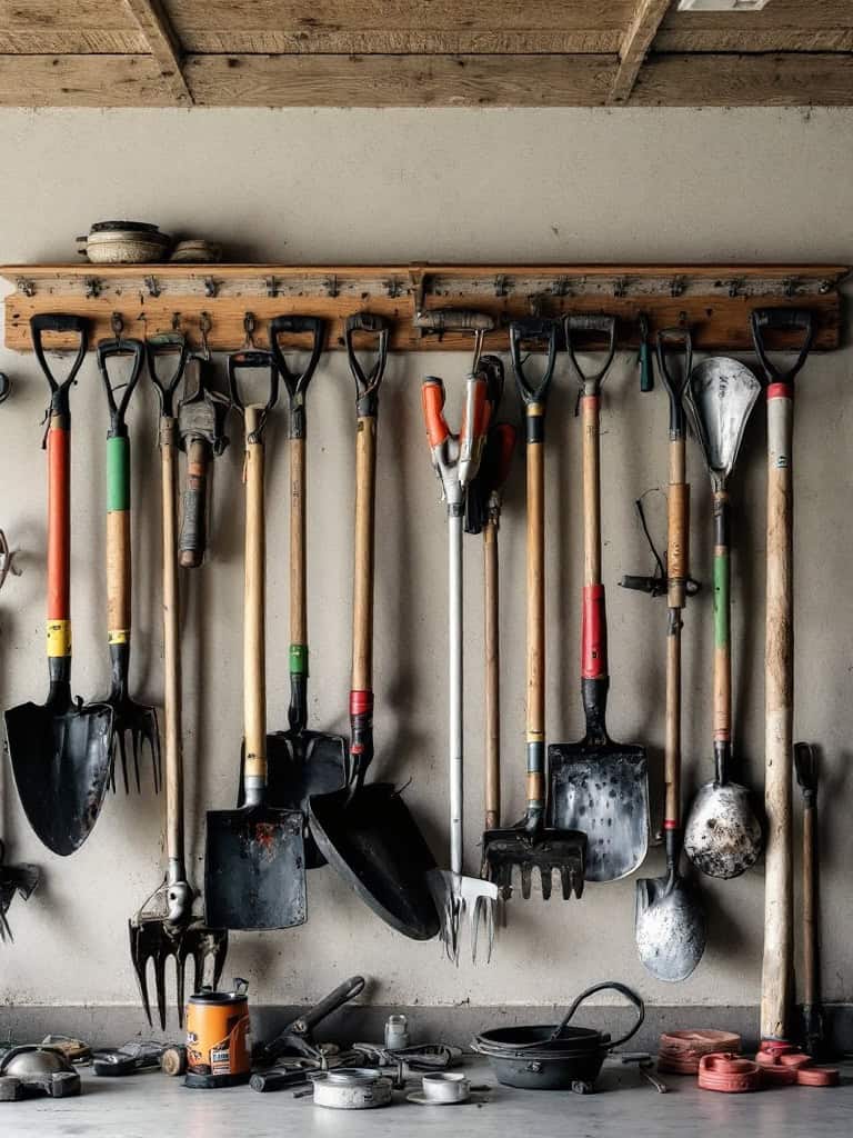 A wall-mounted rack displaying various garden tools like shovels and rakes.