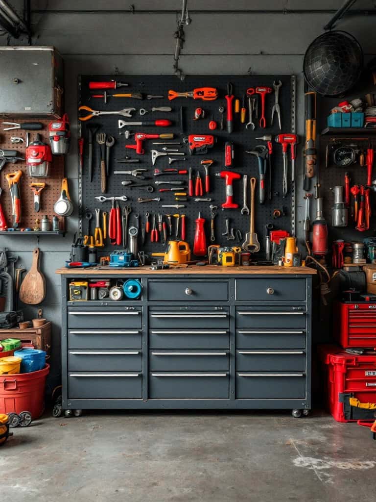 A well-organized garage with a pegboard full of tools and a toolbox.