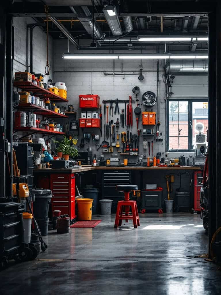 A well-organized automotive maintenance station in a garage with tools, shelves, and bright lighting.