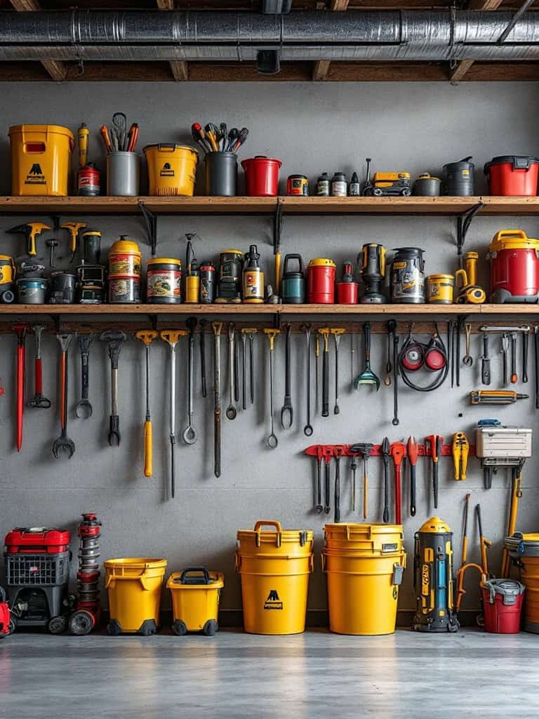 A well-organized garage with shelves holding various tools and storage containers.