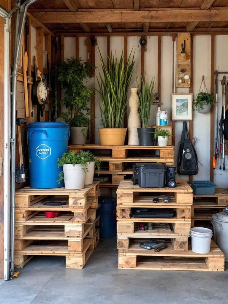 A garage featuring creative pallet storage solutions holding various plants and items.