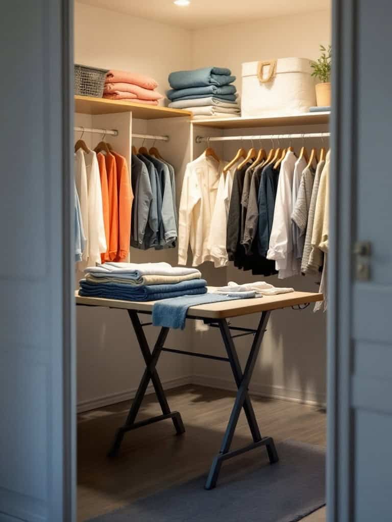 A cozy laundry closet featuring a fold-down table for folding clothes, neatly organized shelves with towels and clothing.