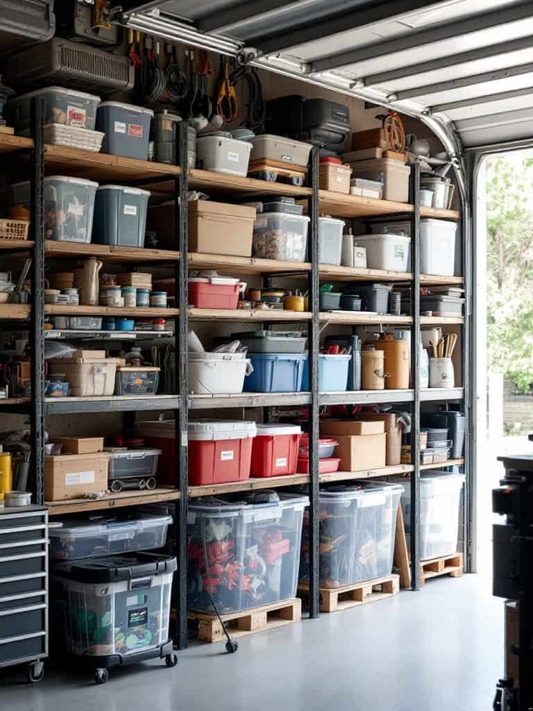 A well-organized garage with stackable containers on shelves, neatly arranged for optimal use of space.