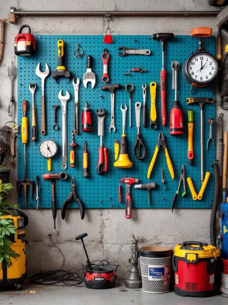 A teal pegboard filled with various tools including wrenches, screwdrivers, and hammers.