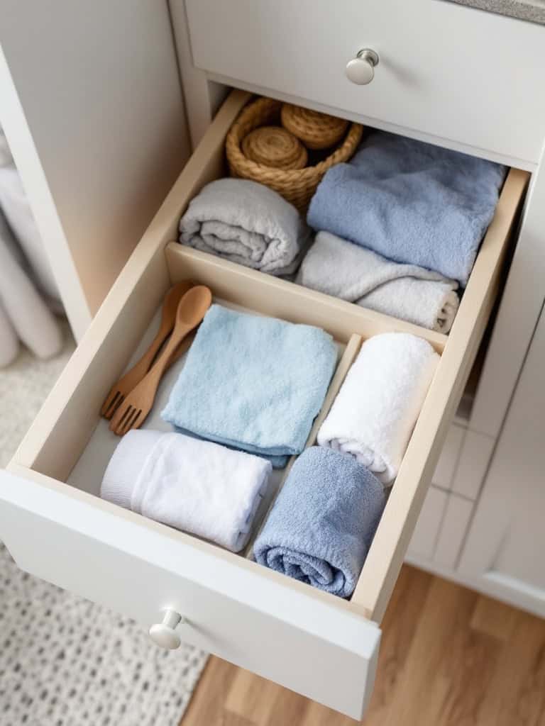 Organized drawer with folded towels and small baskets