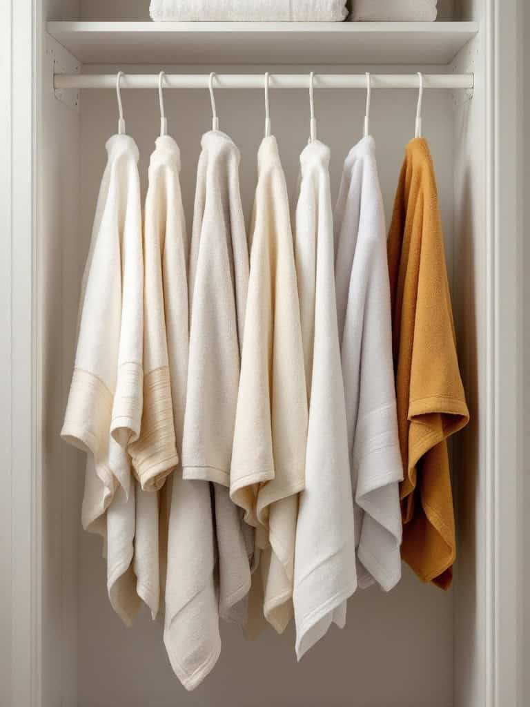 Hanging towels of various colors on a rod in a linen closet.