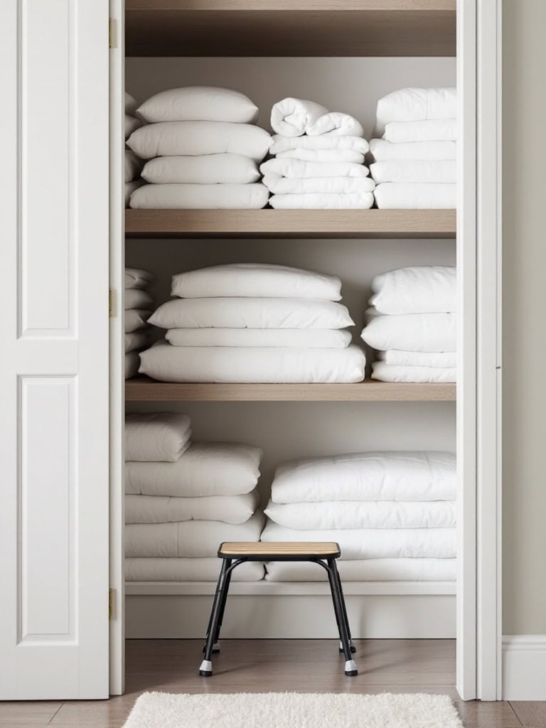A neatly organized linen closet with white folded linens and a step stool in front.