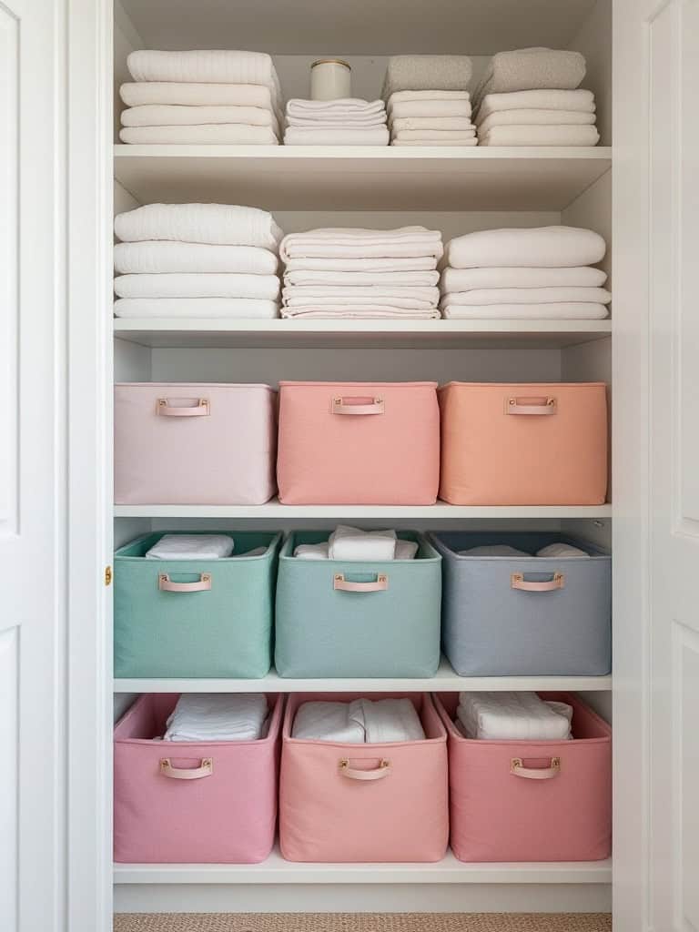 Organized linen closet with fabric storage cubes and neatly folded towels.
