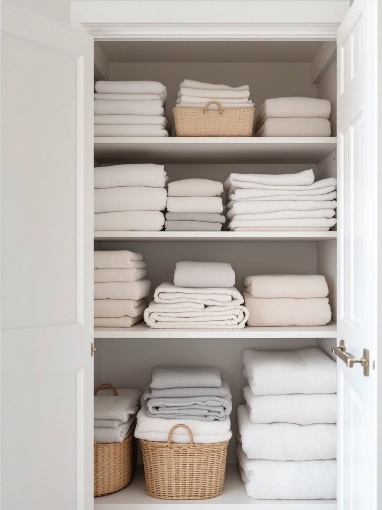 Organized linen closet with neatly folded towels and baskets.