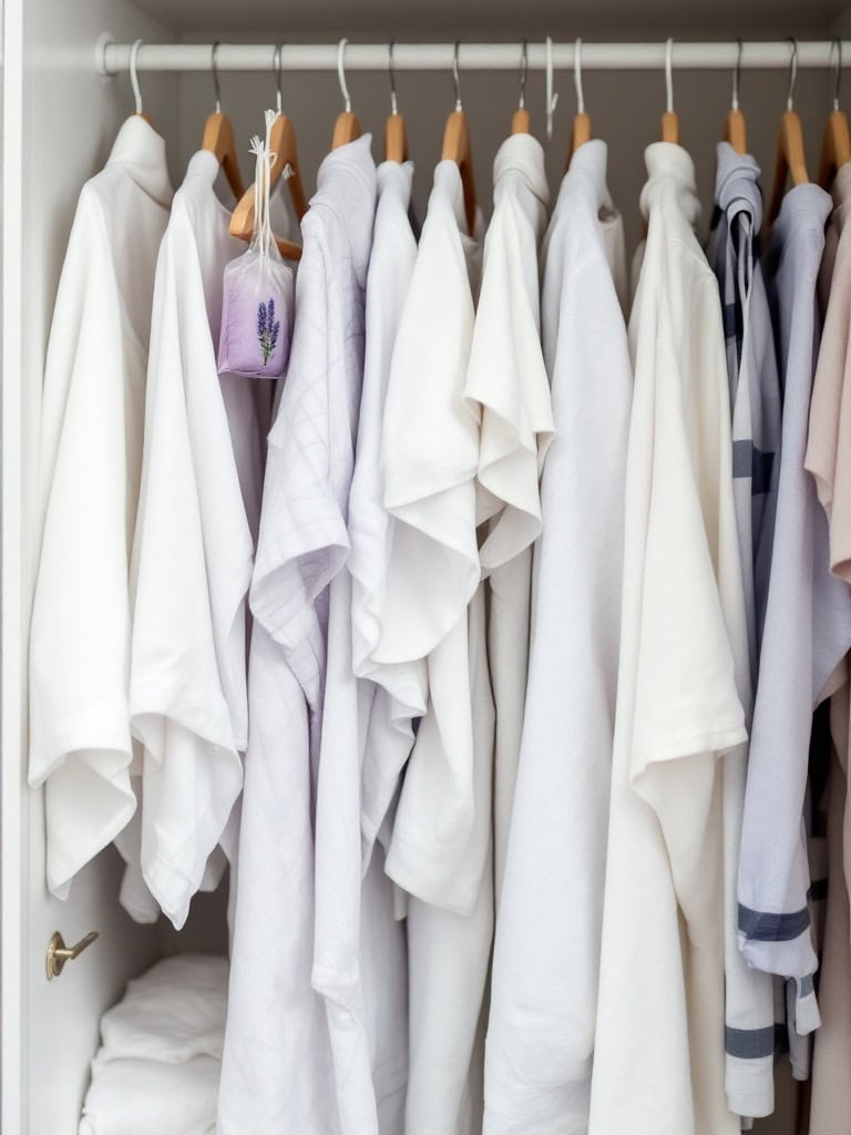 A linen closet with neatly arranged white linens and a lavender sachet hanging