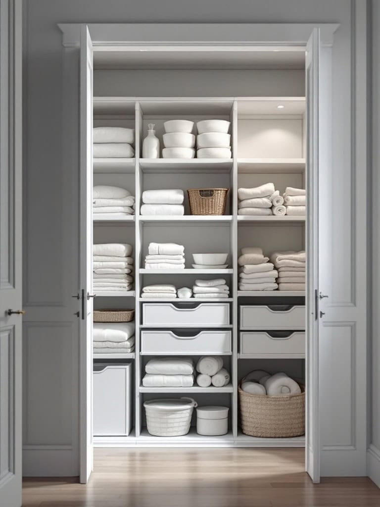 Well-organized linen closet with shelves filled with neatly folded towels and storage baskets, illuminated by soft lighting.