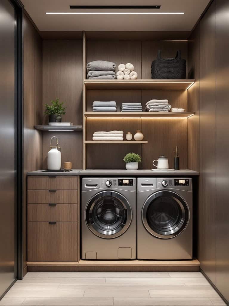 A modern laundry closet with organized shelves, neatly folded towels, and sleek washing machines.