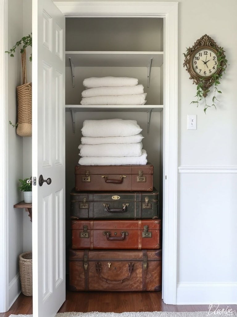 A linen closet with stacked vintage suitcases containing neatly organized linens.