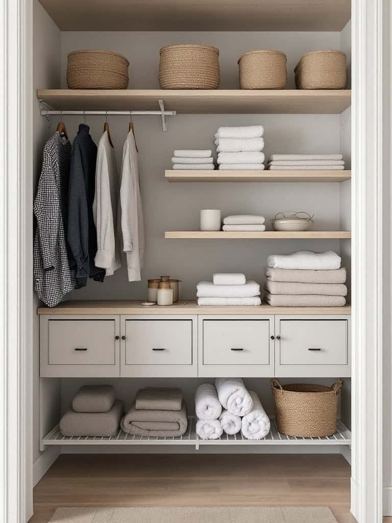 Organized linen closet with adjustable shelving, featuring towels and baskets.