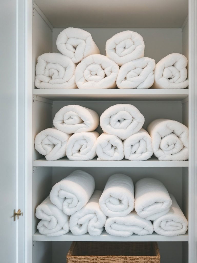 Neatly rolled towels arranged on shelves in a linen closet.