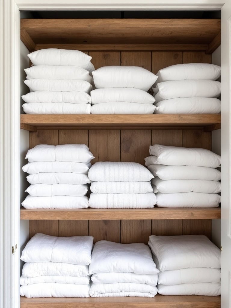 A well-organized linen closet with wooden shelves displaying neatly folded white linens.