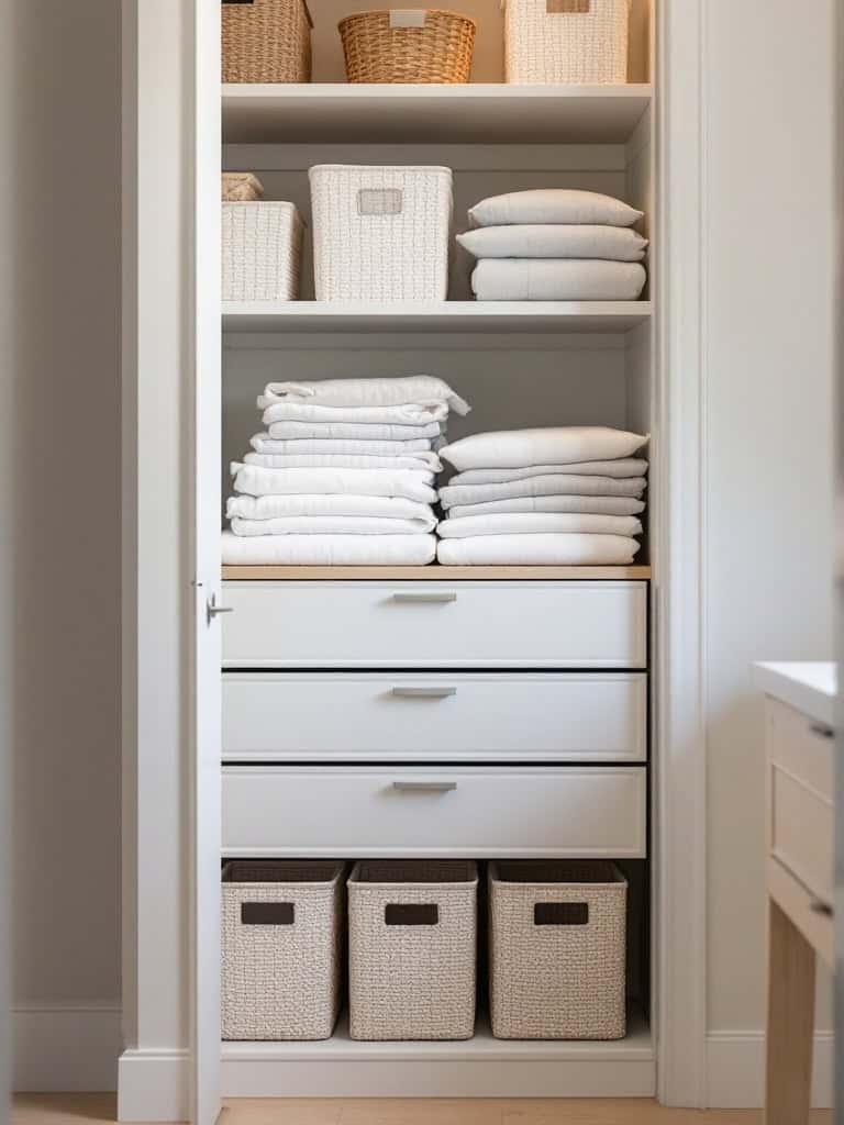 A well-organized linen closet with drawer-style bins and neatly folded linens.