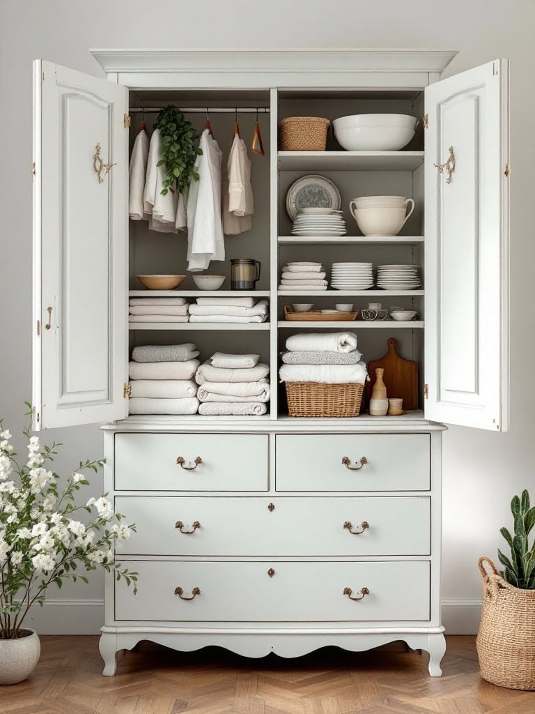 A beautifully organized linen closet featuring repurposed furniture with neatly folded towels, clothing, and decorative baskets.