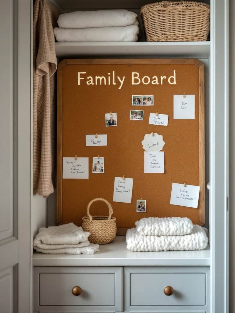 A corkboard labeled 'Family Board' with photos and notes, surrounded by neatly stacked linens and a small basket.