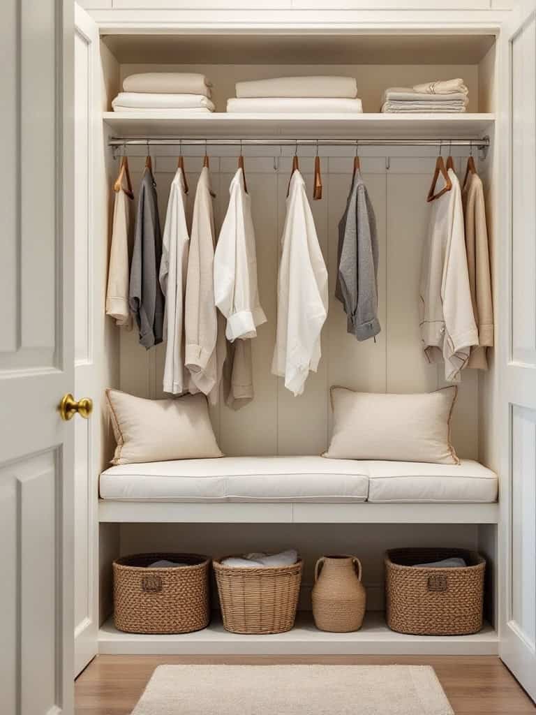 Linen closet with a small bench and storage baskets.