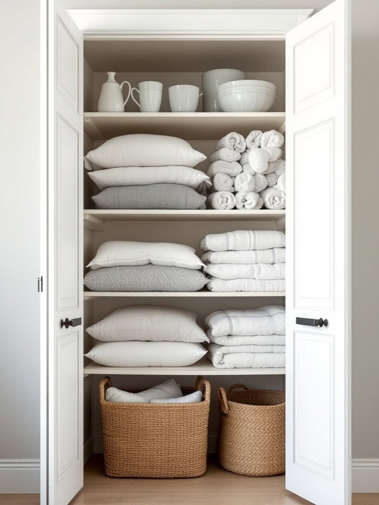 A neatly organized linen closet with folded linens and baskets.