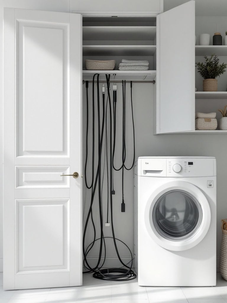 Organized laundry closet with hidden cords.