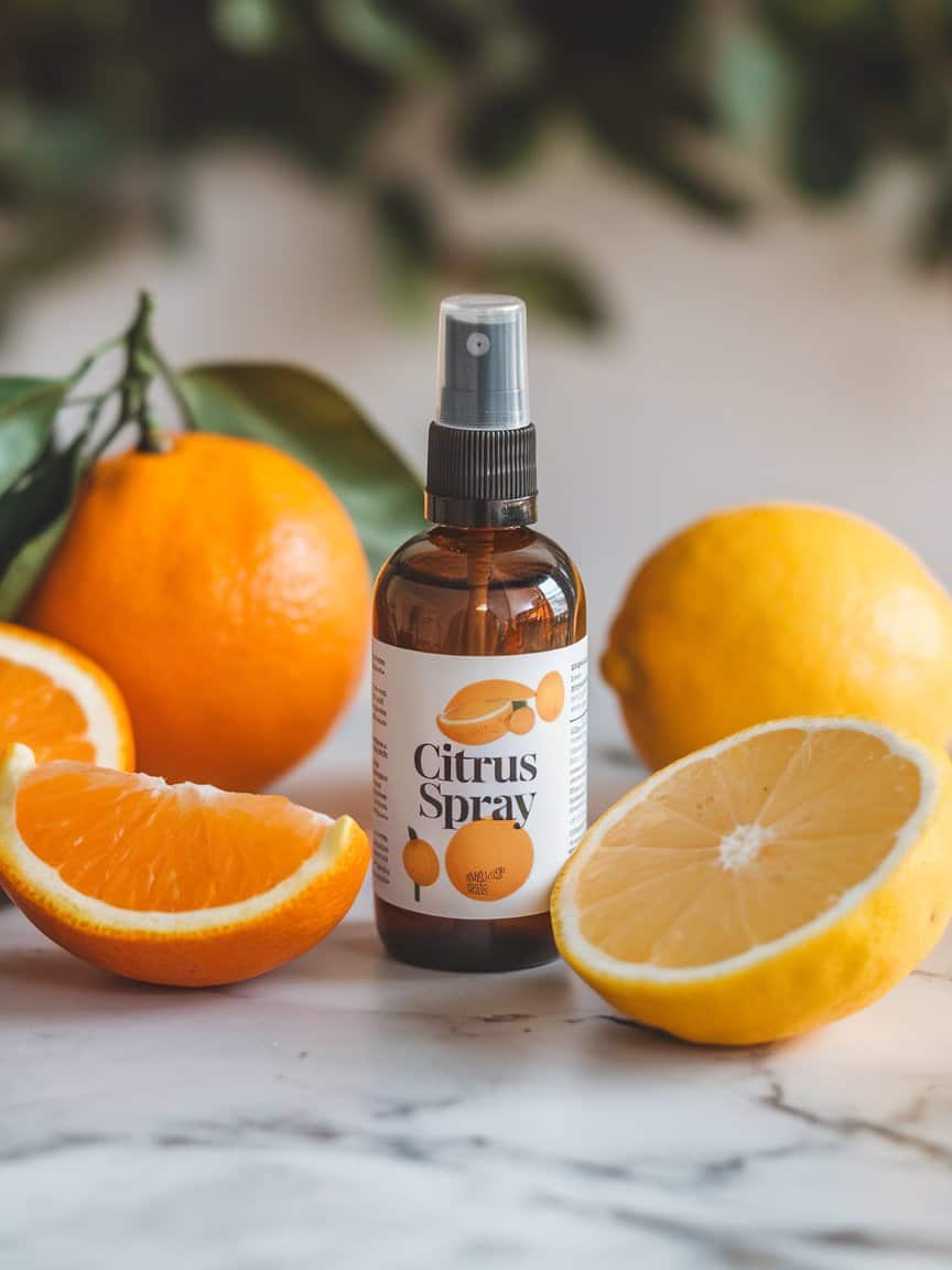 A bottle of citrus spray with oranges and lemons on a marble surface.