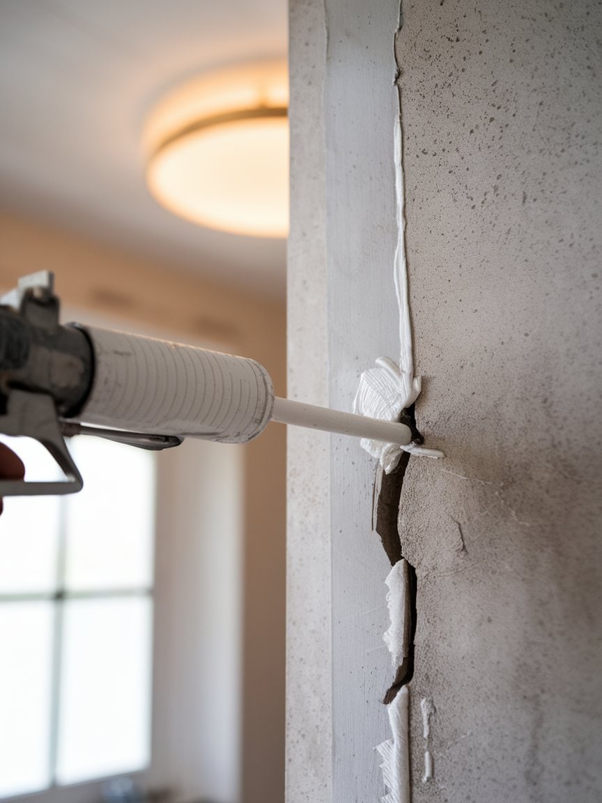 A close-up of a caulking gun sealing a crack in the wall to prevent ants.
