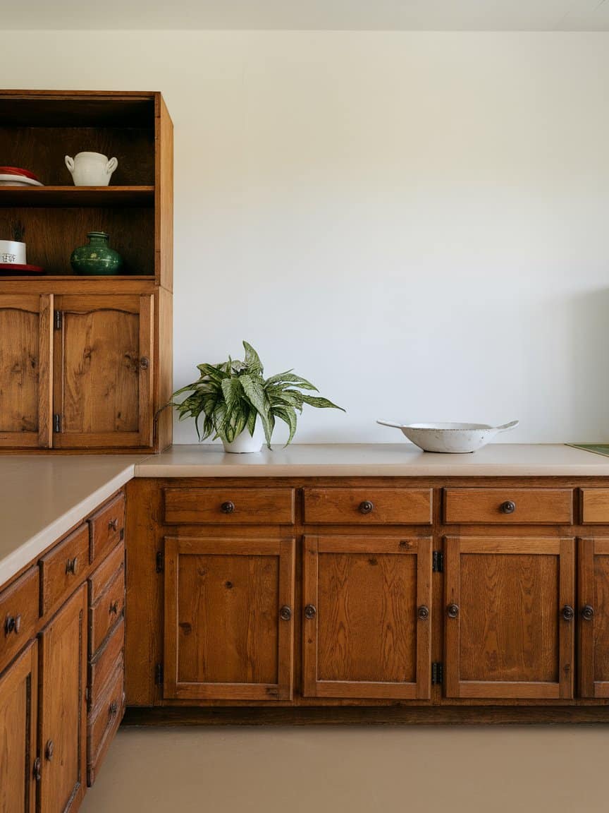 A clean kitchen with wooden cabinets showing a clean countertop.