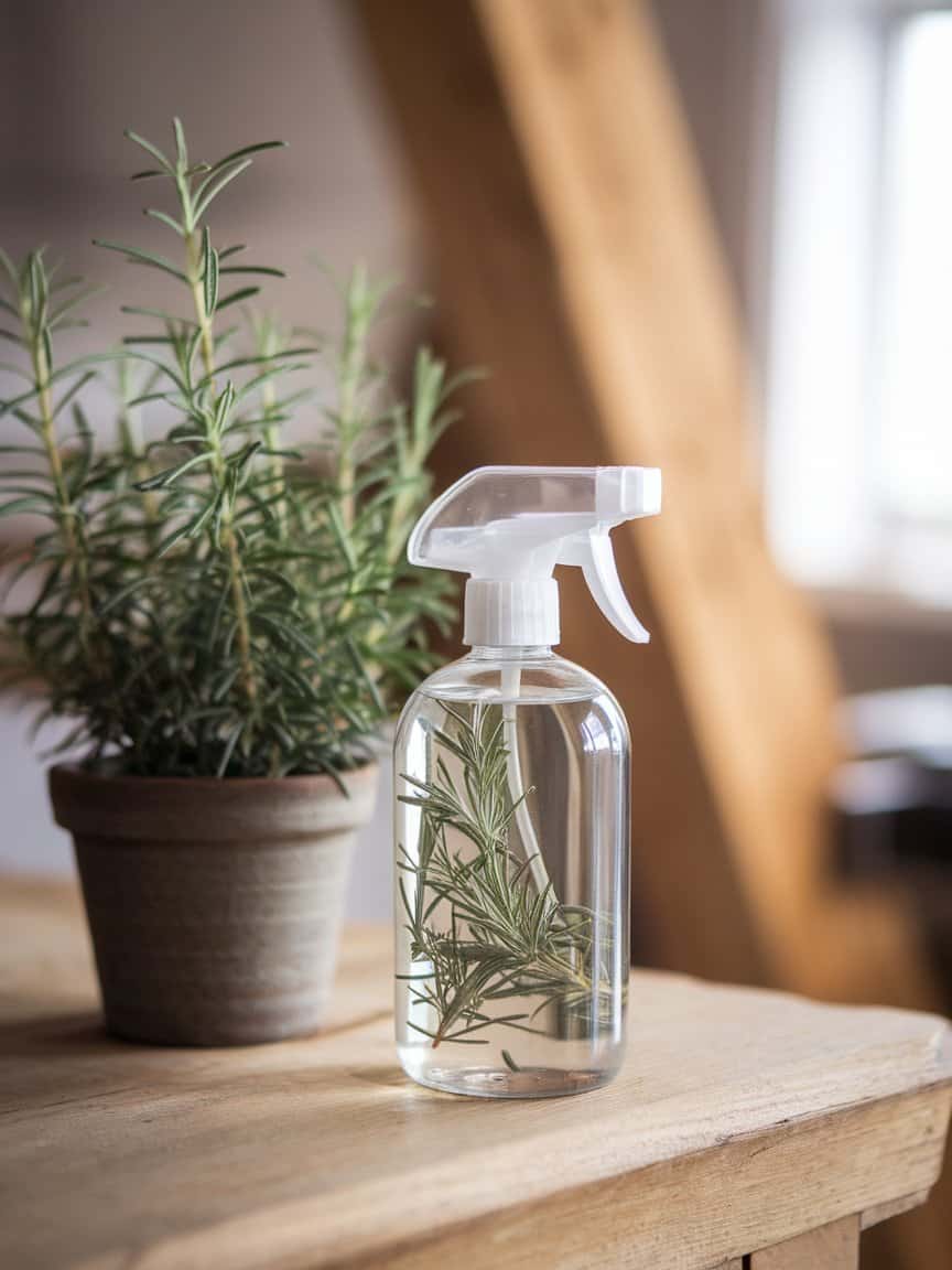 A clear spray bottle with Rosemary and thyme leaves and a pot of rosemary plant on a wooden surface.