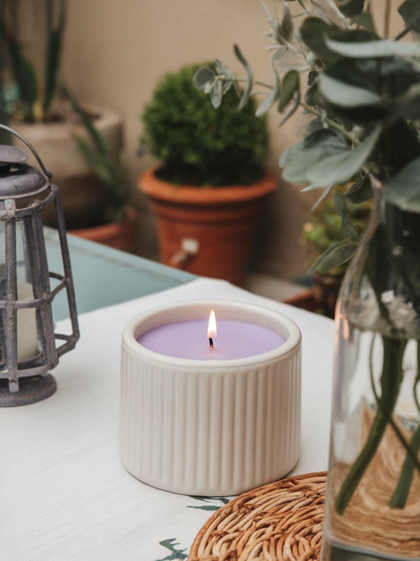 A photo of a table on an outdoor patio. There is a lavender scented candle on the table.