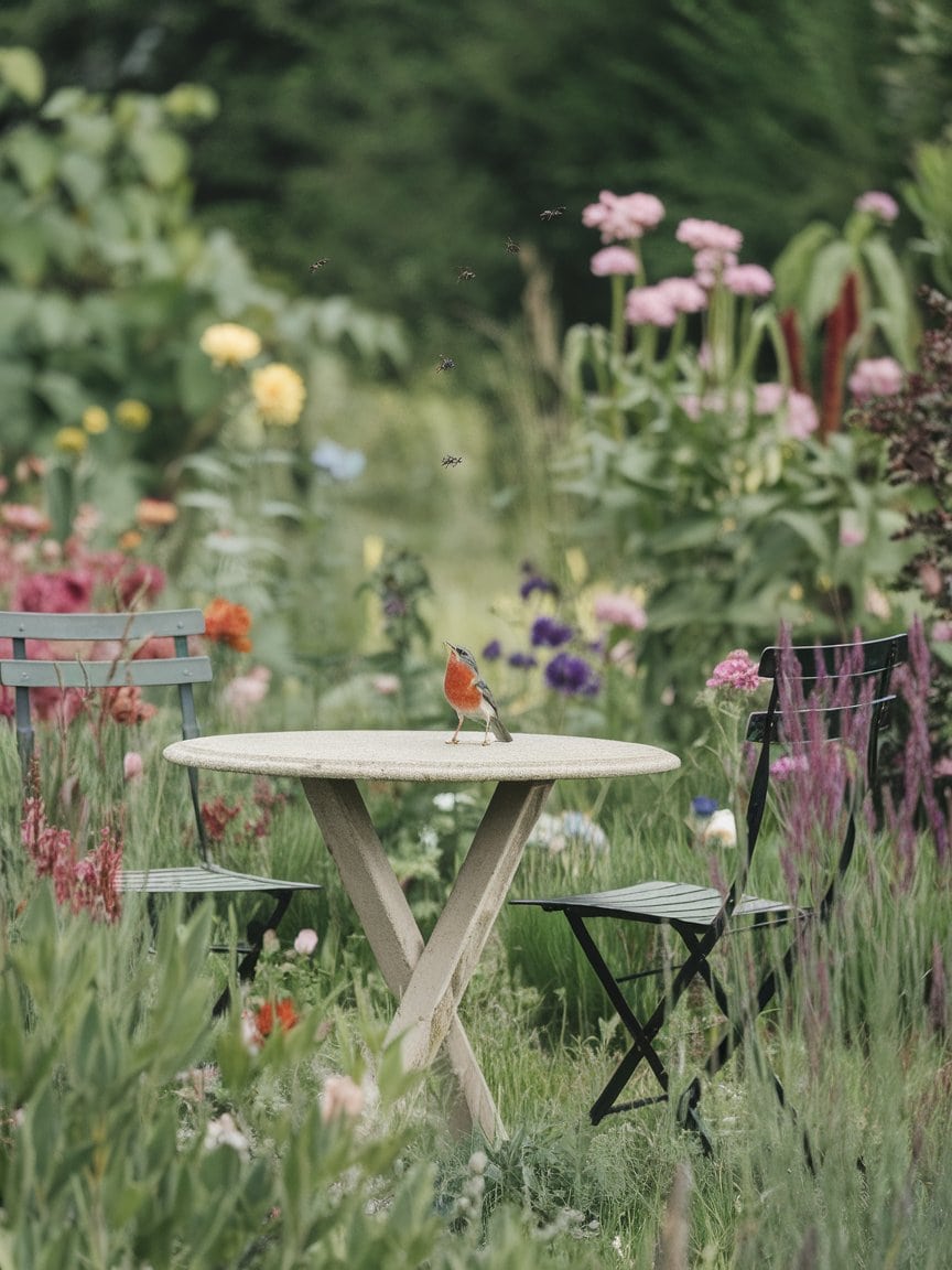 A colorful garden with a bird looking up onto the flying flies.