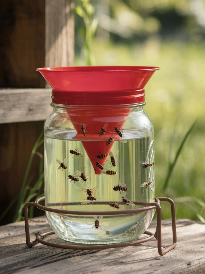 A DIY fly trap made from a jar, sugar water, and a red funnel. The setting is outdoor.