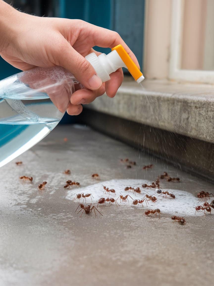 A hand holding a spray bottle filled with soap and water, spraying on a surface with ants.