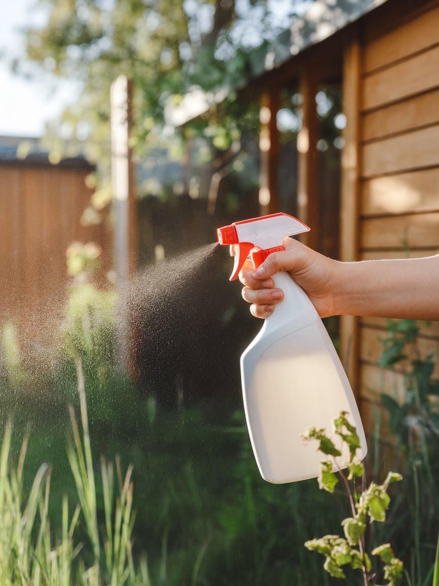 A hand holding and pressing a red and white spray bottle, which is actively dispensing a mist or spray in an outdoor setting.