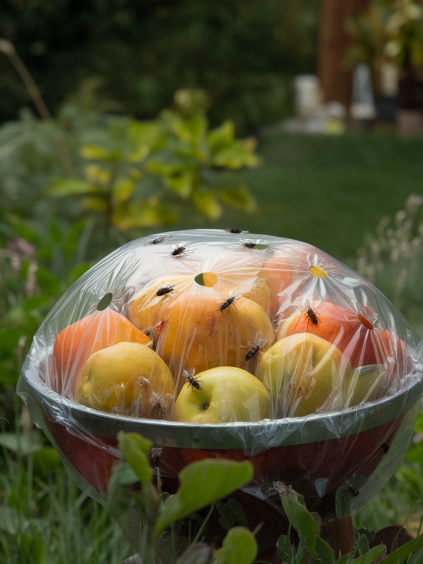 A photo of a homemade fruit fly trap placed outdoors. A bowl filled with overripe fruit is covered with plastic wrap, with several small holes poked into the plastic.