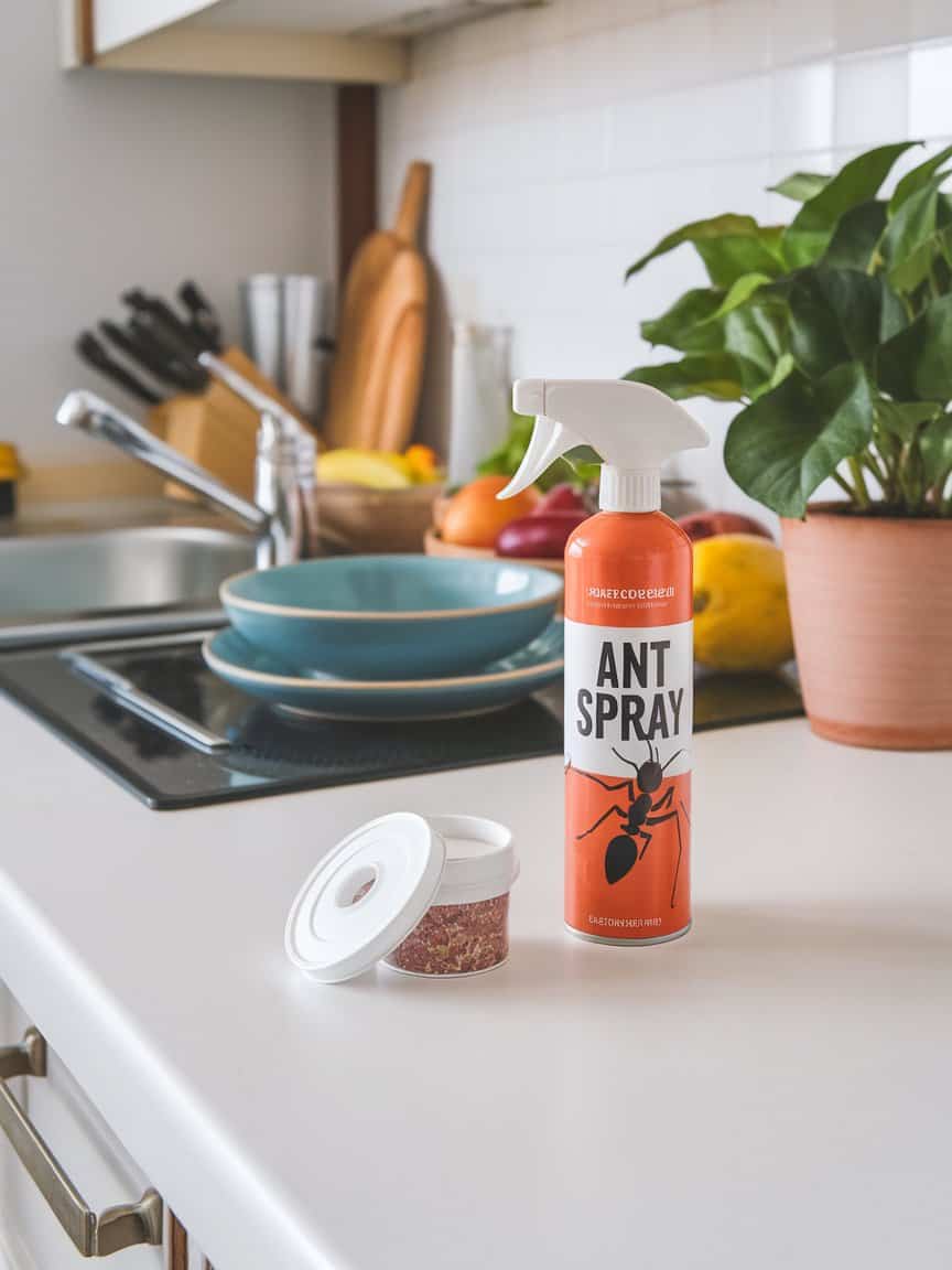 Ant baits and spray on a kitchen counter .