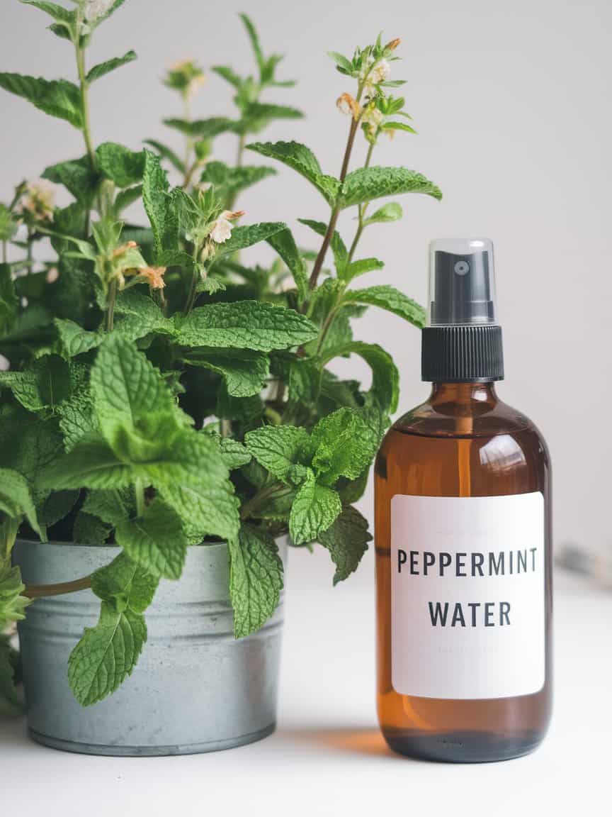 A spray bottle filled with peppermint water next to a pot of fresh mint leaves.