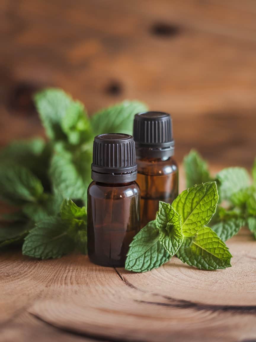 Bottles of tea tree and peppermint essential oils surrounded by fresh mint leaves.